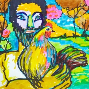 Venta online de la obra titulada “Granjero con gallina” realizada por el artista contemporáneo Francisco Javier Corral Gutiérrez (Fran J.Korral).